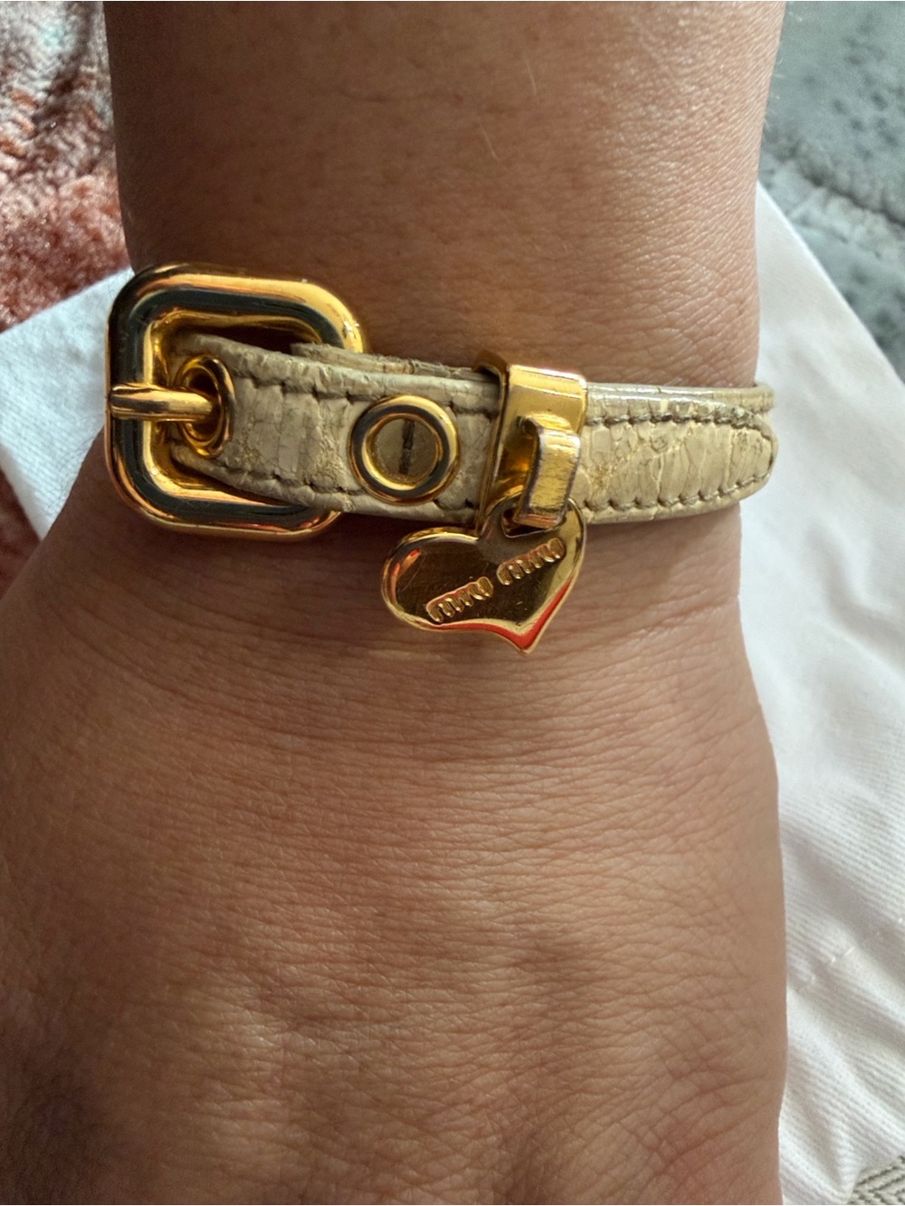 Miu Miu Cream Crocodile Embossed Leather Gold Tone Heart Charm Bracelet